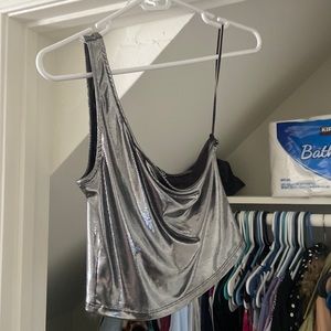 Slinky silver crop top metallic one shoulder